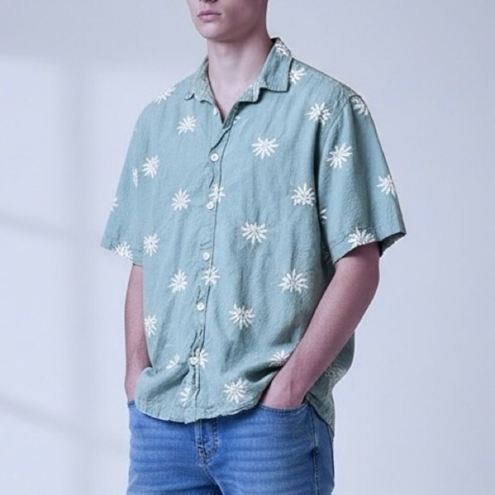 Folk Men's Sage Green / Gray Short Sleeve Button Down Conway Shirt Size Large